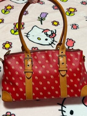 Dooney & Bourke Red Logo Coated Canvas Shoulder Bag with Tan Trim